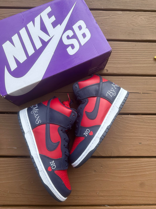 Size 9 - Supreme x Dunk High SB By Any Means - Red Navy