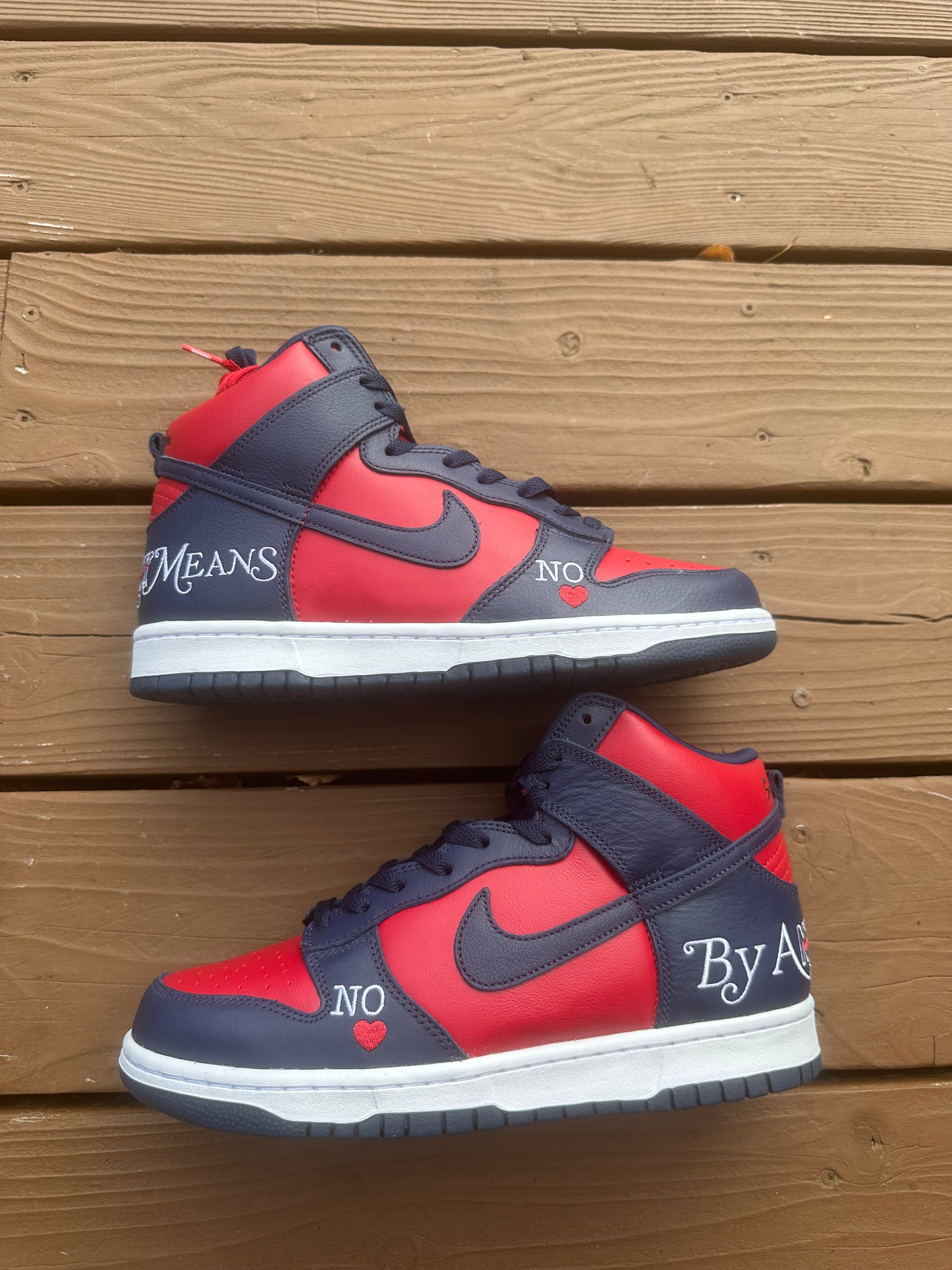 Size 9 - Supreme x Dunk High SB By Any Means - Red Navy