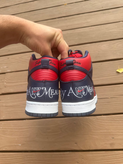 Size 9 - Supreme x Dunk High SB By Any Means - Red Navy